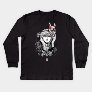 Oni Mask Japanese Yandere Girl Kids Long Sleeve T-Shirt